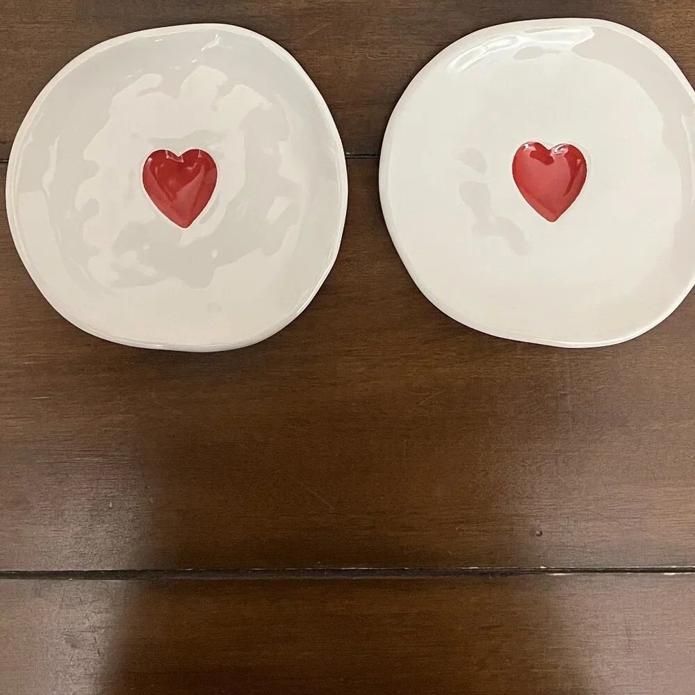 Williams Sonoma Set of 2 White Small Plates Red Heart Detail NEW